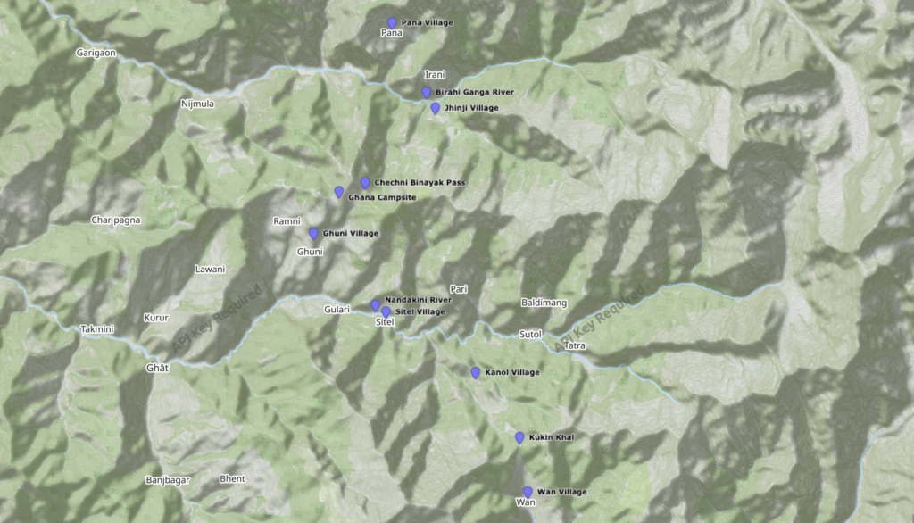 Route Map of Wan to Pana Section, Known as Lord Curzon Trail, part of Trans Uttarakhand Trail