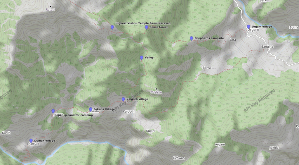 Route Map of Urgam Village to Dumak Village, part of Trans Uttarakhand Trail